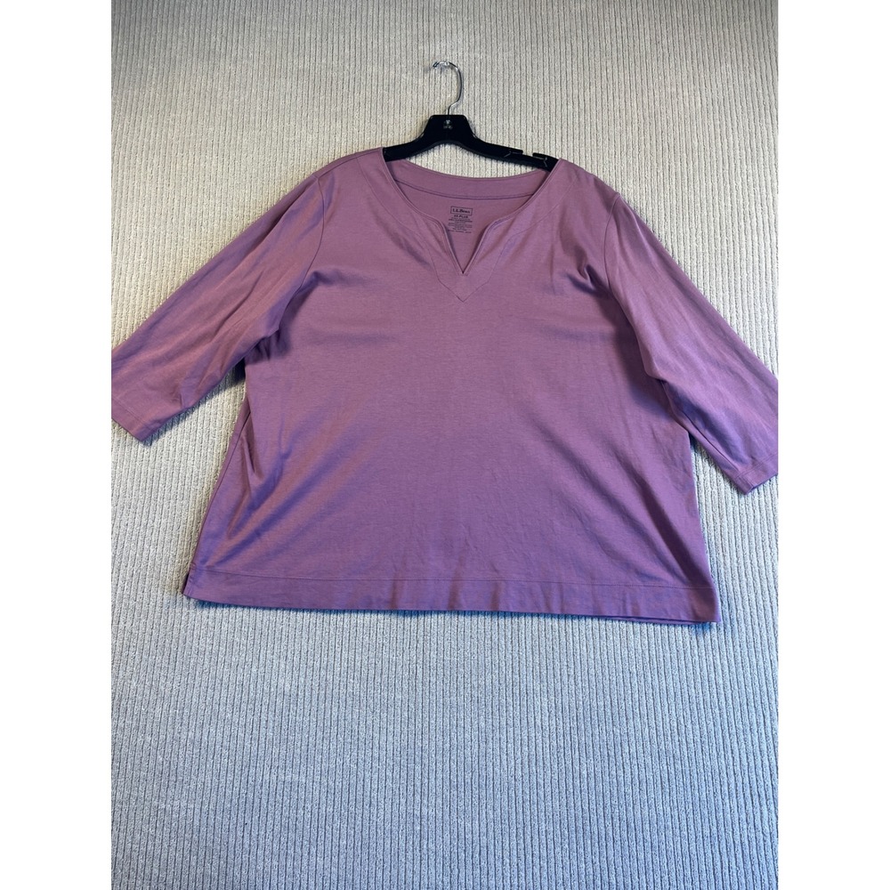 LL Bean Womens 3X Plus Purple Supima Cotton Split Neck 3/4 Sleeve Top 500799
